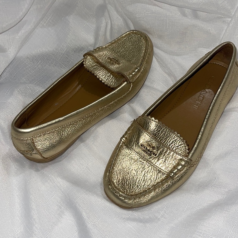 Coach gold metal loafers size 8